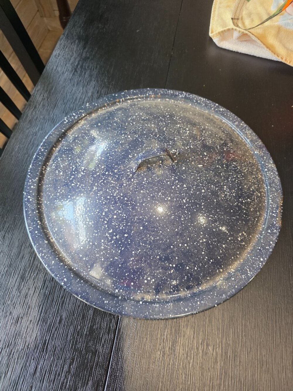 Vintage blue speckled enamel 14 in lid